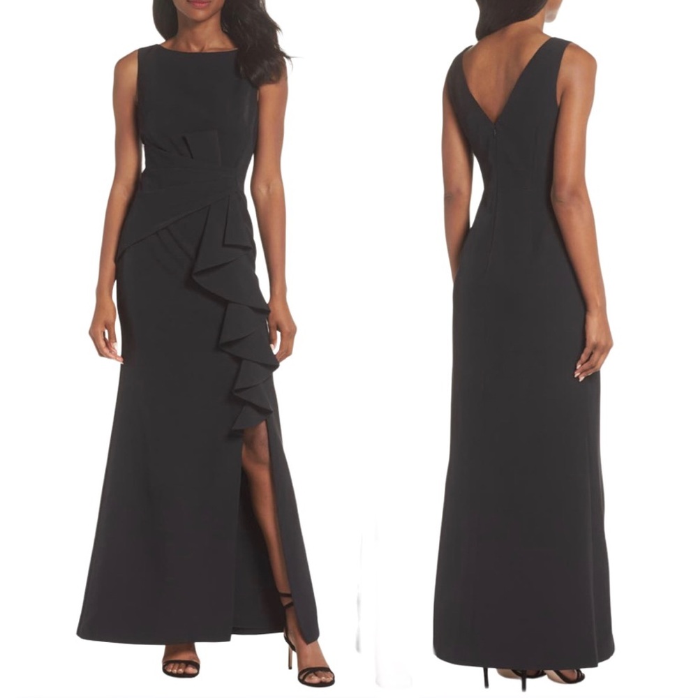 ELIZA J Ruffle Front Gown NEW Size 4 Black Dress